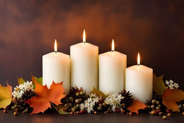 candles with autumn leaves and small flowers and decorations