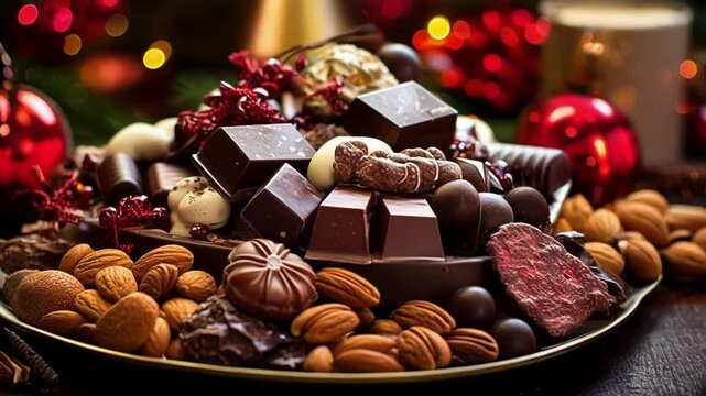 Festive plate of chocolates and nuts, perfect for the holidays, with warm lighting and christmas decorations in the background