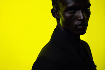 Mens Black Suit with Solid Neon Yellow Trendy Portrait Featuring Bold Neon Yellow Details