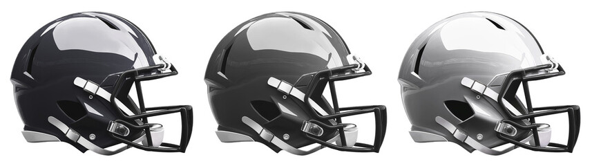 Fototapeta premium Three realistic American football helmets in black, gray and white