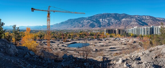 Obraz premium Construction Crane in Front of Mountains and Cityscape