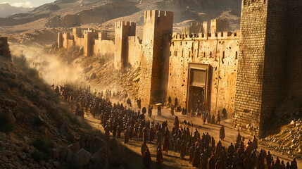 The Siege of Jericho. A dramatic depiction of the biblical event where the walls of Jericho...