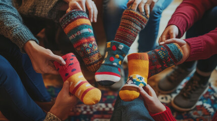 Depict a scene of people exchanging or gifting socks, such as during a holiday celebration or as a thoughtful gesture. Highlight the warmth and personal touch of giving and receiving socks.