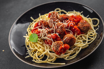 meatballs spaghetti tomato sauce meat fresh meal food snack on the table copy space foodbackground rustic top view