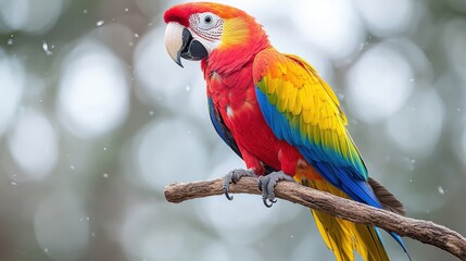 Fototapeta premium Parrot on a perch with a white background highlighting its striking colors and features