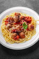 meatballs spaghetti tomato sauce meat fresh meal food snack on the table copy space foodbackground rustic top view