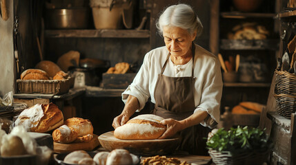 Elderly woman wearing an apron preparing or baking bread in the rustic farm kitchen Homemade, handmade traditional pastry recipe Grandmother cooking food Flour, dough kneading Organic ingredients