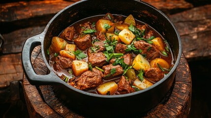 Authentic Indigenous Cuisine: Rustic Venison Stew with Root Vegetables, Presented in a Forest Environment
