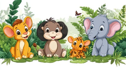 Naklejka premium Playful cartoon safari animals on white background