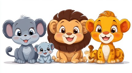 Playful cartoon safari animals on white background