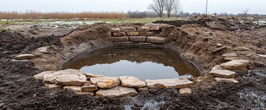 Stone-lined Pond Under Construction in a Field
