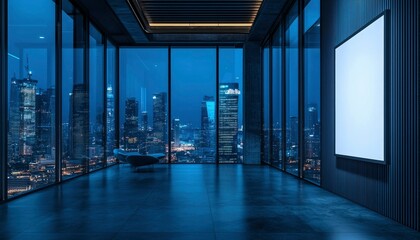 Modern Office Interior with Cityscape View at Night