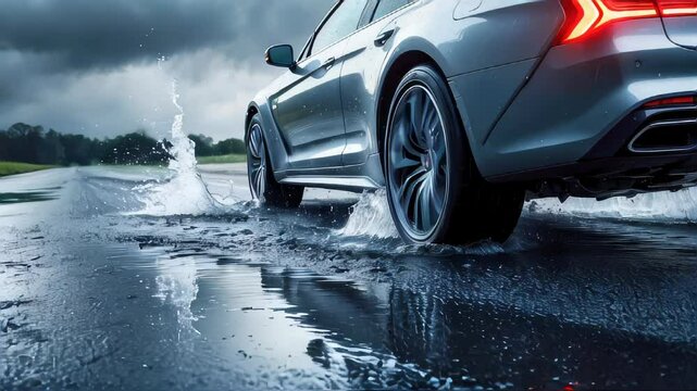 A close-up of a car's wheel on a rainy city street with reflections on the wet pavement
