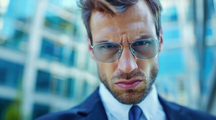 Fototapeta premium Portrait serious businessman in eyeglasses. Handsome male entrepreneur with gray hair and glasses, modern corporate headshot manager studio background. Color with copy space.