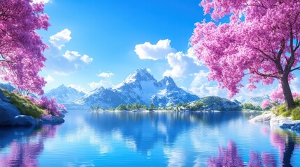 Naklejka premium A serene landscape featuring pink trees, mountains, and a tranquil lake under a bright blue sky. A perfect nature scene.