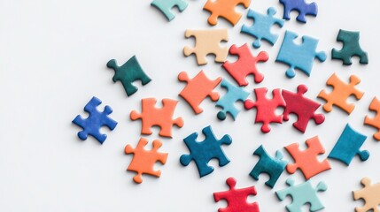 Fototapeta premium Colorful Puzzle Pieces Arranged in Birds Eye View | Fun and Challenging Puzzle Relaxation