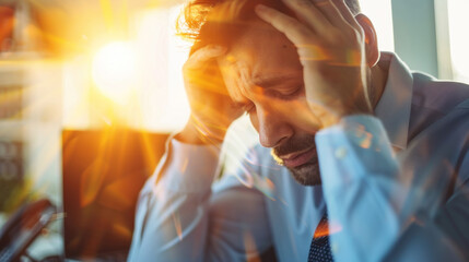Stressed businessman sitting desk in office. Frustrated, worried young adult man with headache. Exhausted employee job problem workplace. One serious person working, contemplation business stress.