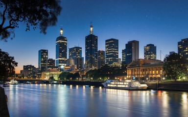 Obraz premium Melbourne City Skyline at Dusk with Ample Space for Text