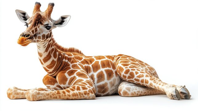 Relaxed giraffe sitting comfortably with its legs folded on a white background