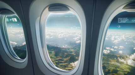 Naklejka premium Depict windows with augmented reality capabilities, providing passengers with real-time information about the landscape below, points of interest, and flight data. 