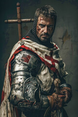 Fototapeta premium Battle-worn Templar knight in chainmail and helmet