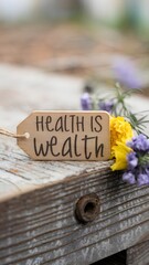 Naklejka premium Wooden tag reading Health is Wealth, next to yellow and purple flowers, evokes wellness Vertical Mobile Wallpaper