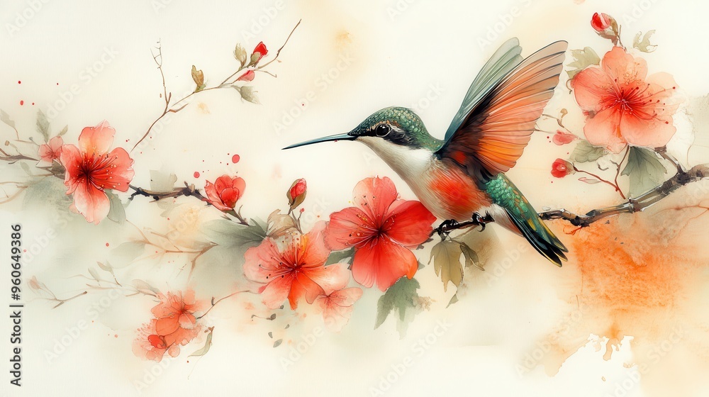 Wall mural Ruby hummingbird feeding on a flower, showing its brilliant colors on a white background