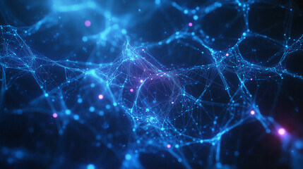 Abstract artificial intelligence image, blue neon digital neural networks, glowing lines, and schemes.