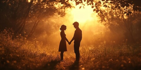 Fototapeta premium Silhouettes of a couple holding hands in the sunset.