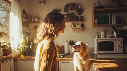 Plakat Woman and Golden Retriever in Sunlit Kitchen 