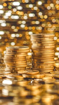 Two stacks of golden coins on shiny surface, blurred golden bars in background Vertical Mobile Wallpaper