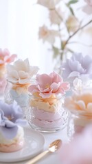 creative kids dessert featuring floral mousse in glass jars topped with pastel edible petals