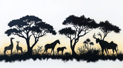 Safari adventure scene with wildlife silhouettes on a white background