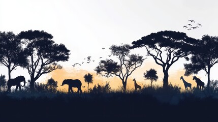 Fototapeta premium Safari adventure scene with wildlife silhouettes on a white background