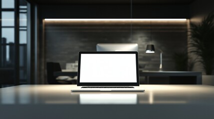 white laptop on a sleek desk in a modern office