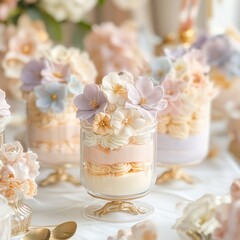 flower-shaped mousse dessert in elegant glass jars topped with pastel edible petals