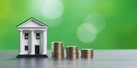 Banking Finance Concept - Miniature Bank Model with Stacked Coins on Green Background, Symbolizing Savings and Investment Growth