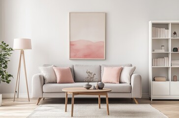 Obraz premium Minimalist living room with a sofa, bookcase, and coffee table in light gray tones