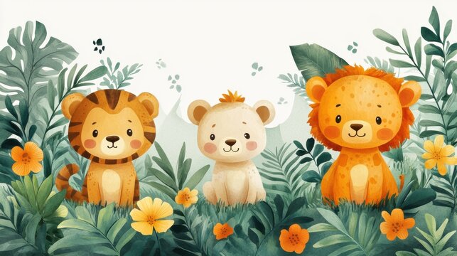 Safari animal border with colorful elements on white background