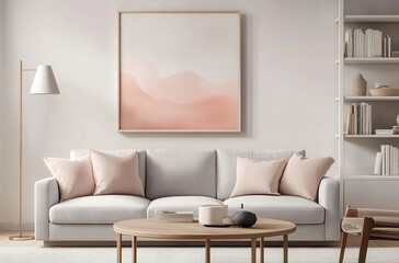 Minimalist living room with a sofa, bookcase, and coffee table in light gray tones