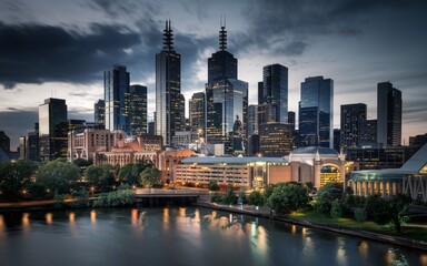 Obraz premium Melbourne City Skyline at Dusk with Ample Space for Text
