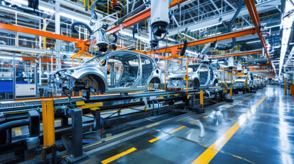 Automobile production line. Modern automated. Industrial background. Robotic machinery manufacturing. Mechanical engineering innovation. Artificial intelligence control. Futuristic factory equipment.