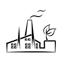 Black and white factory with leaf icon, green industry and eco-friendly manufacturing
