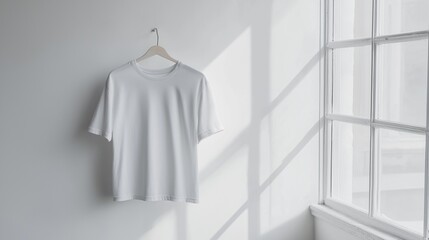 white T-shirt hanging in a minimalist studio