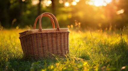 wicker brown picnic basket placed in a lush meadow