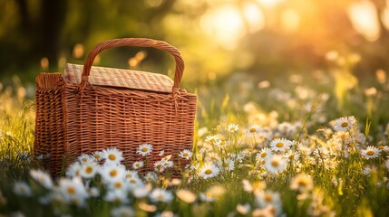 wicker brown picnic basket placed in a lush daisies flowers meadow