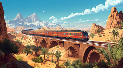 Illustrate a train traveling through diverse landscapes, such as crossing a desert, moving through a snowy wilderness, or passing over a bridge in a tropical jungle,