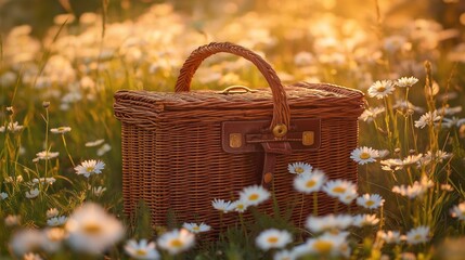 wicker brown picnic basket placed in a lush daisies flowers meadow