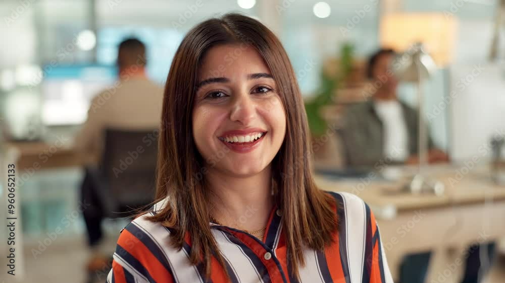 Poster face, funny and design with creative woman at desk in workplace for professional web development. bu