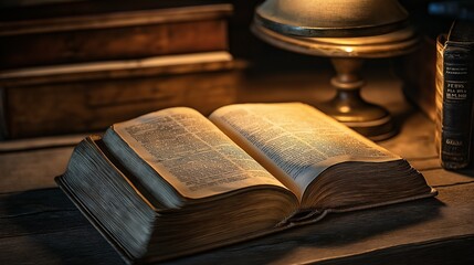 Obraz premium old, brown book open on a wooden desk, with pages illuminated by a soft, warm lamplight
